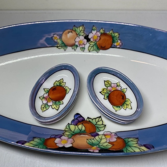 Noritake Lusterware Celery Dish & 6 Salt Dips Floral & Fruit Pattern, Japan Made - Picture 8 of 14